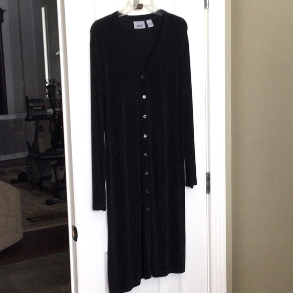 Chico’s travelers longer black duster jacket size1 in Chico is 10/12.